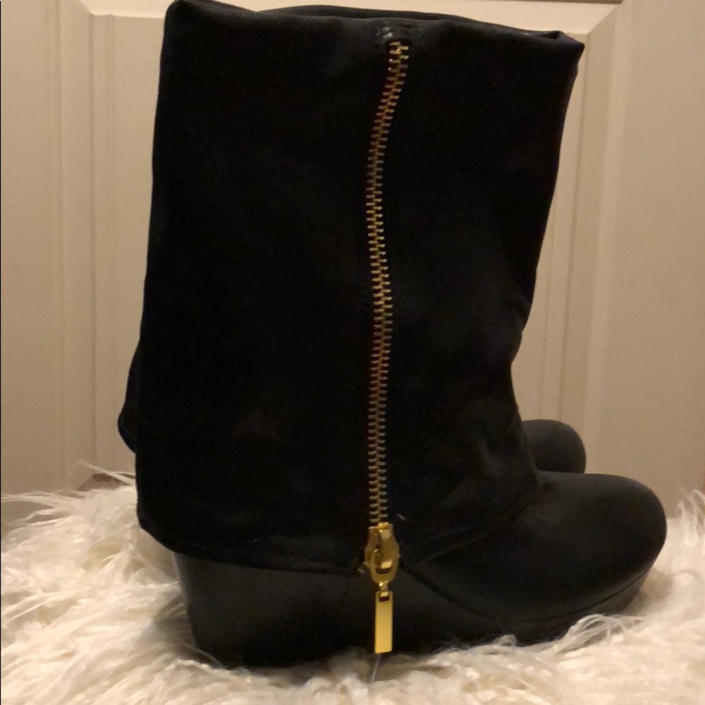 Black wedge heel boots with Gold faux zippers.